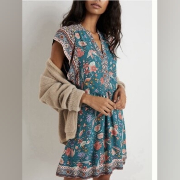 Anthropologie Zenia Mini Dress Floral Flutter Sleeve Green V Neck Boho Size XL - Picture 3 of 16